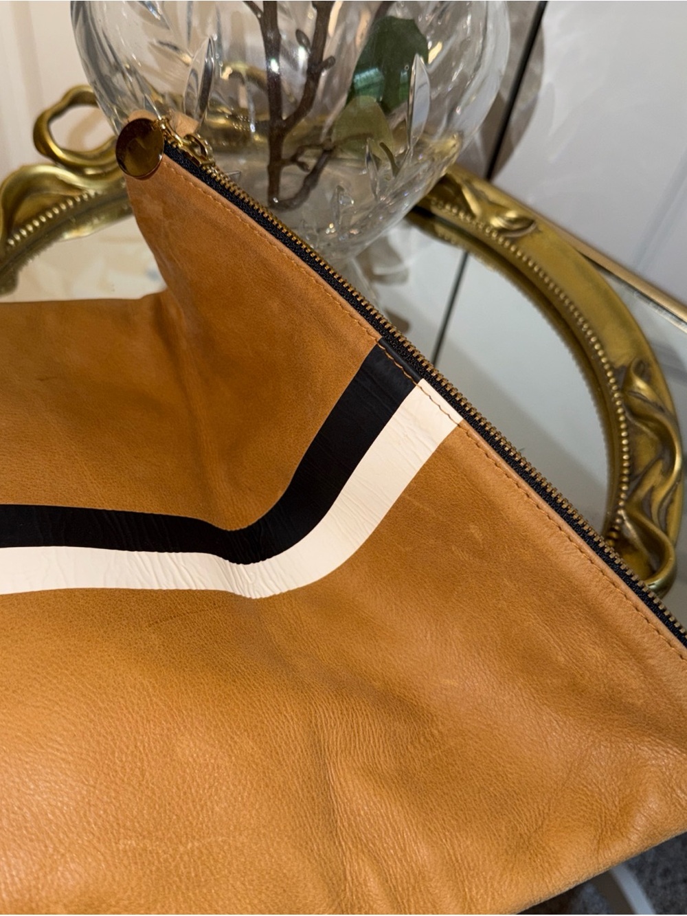 Clare V Tan Leather Toiletry Bag with Black and Cream Racing Stripe - Picture 5 of 11